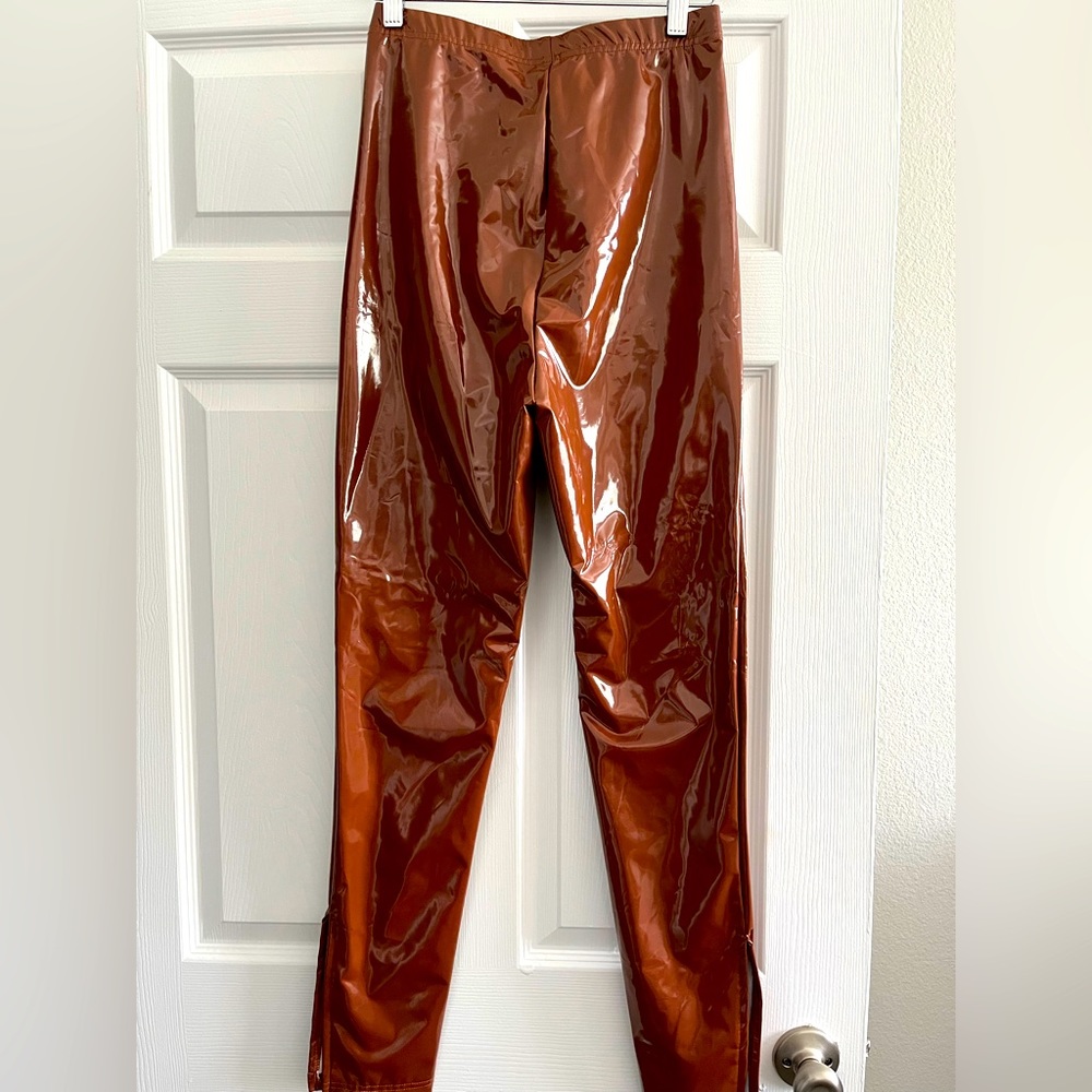 Cognac colored high waist faux leather pants with ankle slits, size small/4!